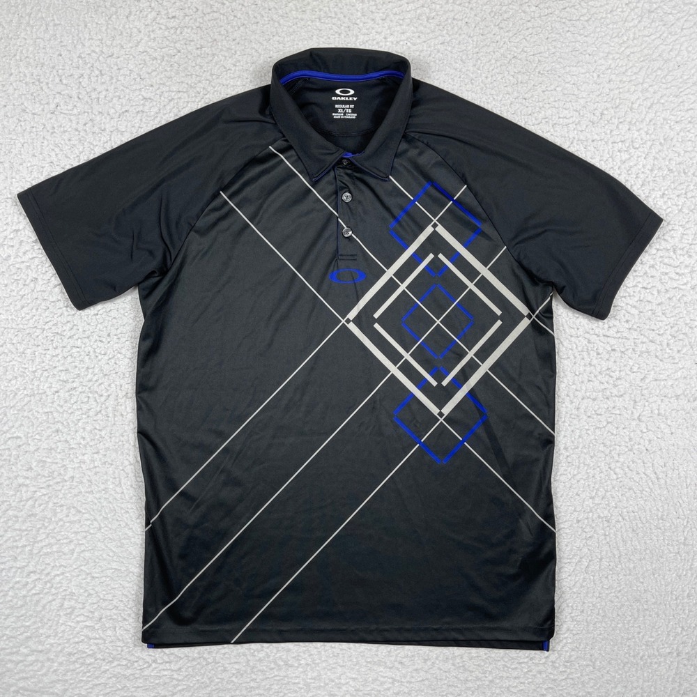 Oakley Polo Shirt Mens XL Black‎ Blue Geometric Hydrolix Golf Performance